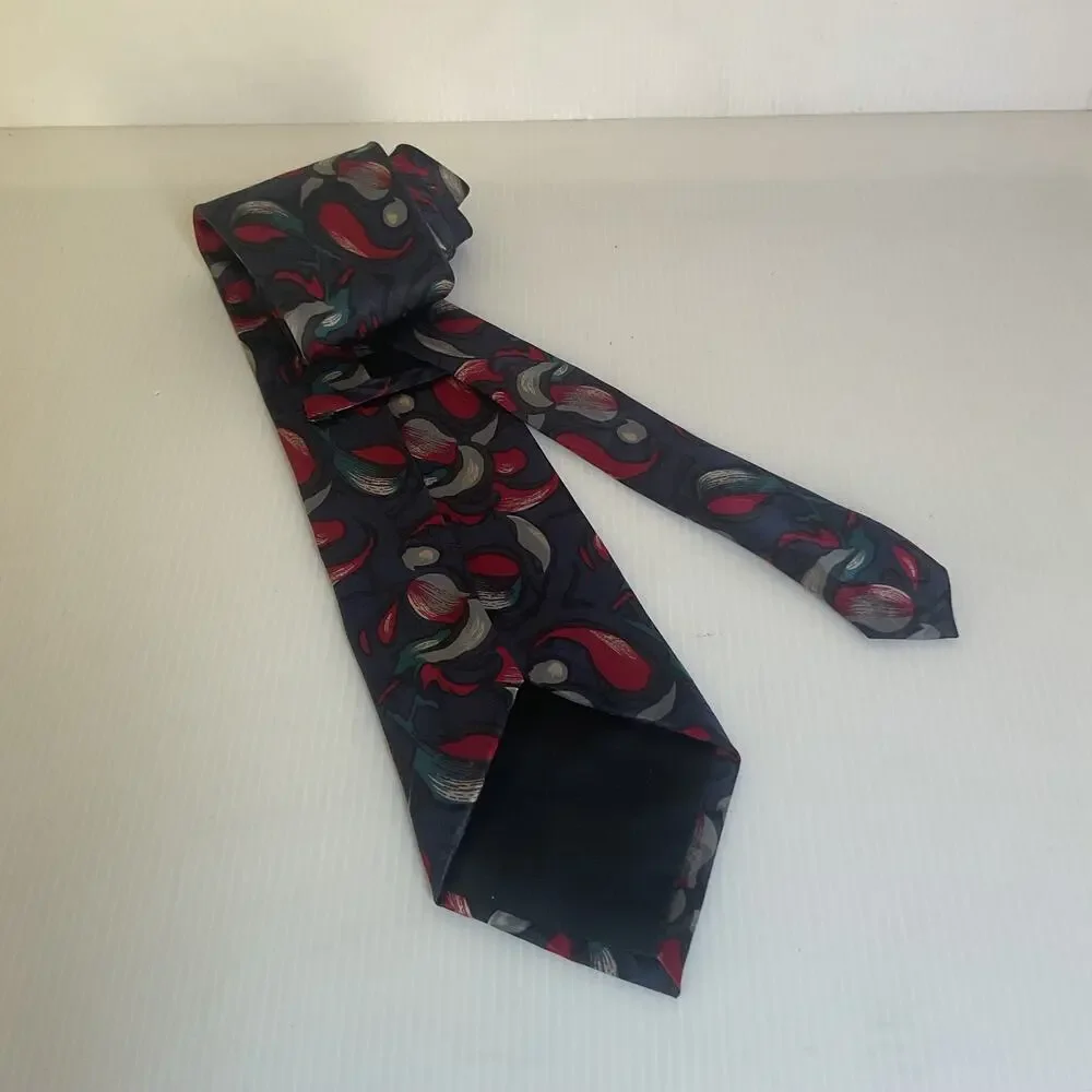 Vintage Geoffrey Beene Men’s 100% Silk Tie Navy Red Teal Abstract Print Necktie